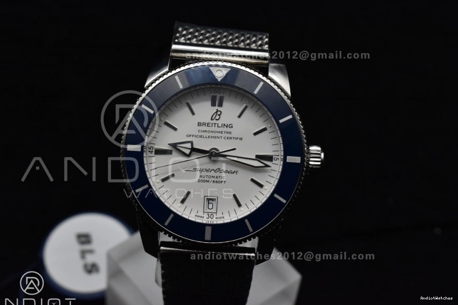 Dial Ceramic A on SS White II BLSF 42mm Blue SS Bezel Bracelet 1186 Mesh Heritage Soft SuperOcean 0309